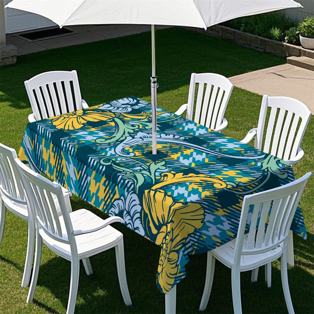 Odot 3D Vertical Stripes Tablecloths Rectangular Waterproof with Umbrella Parasol Hole and Zipper, Table Cover Wipe Clean Garden Outdoor Table Cloth for Garden Party (Houndstooth,259x152cm)