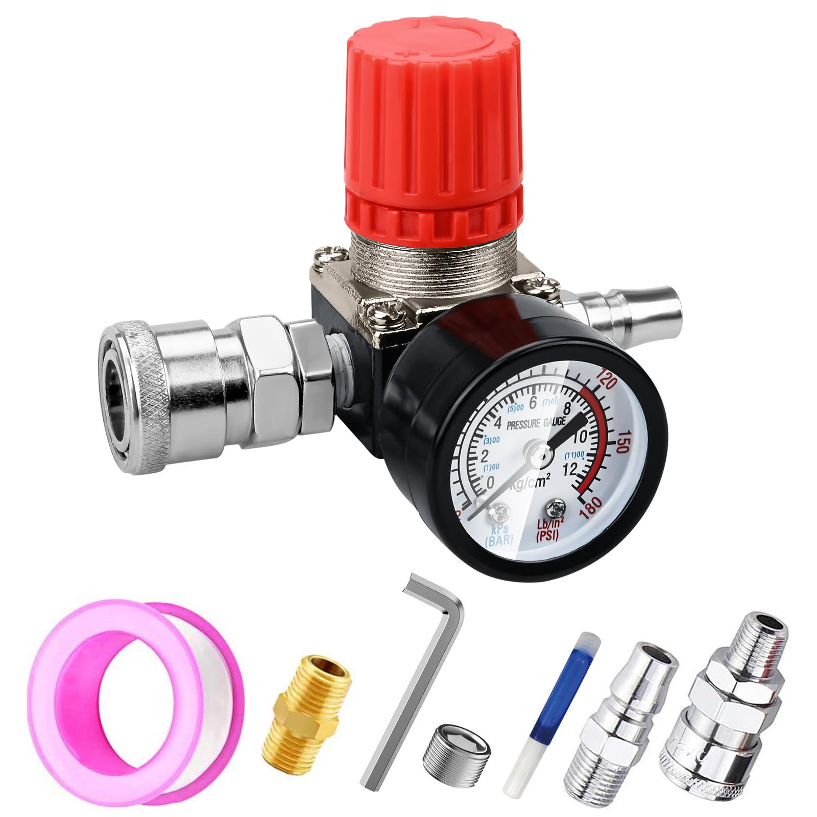 Preciva Air Compressor Pressure Regulator with Dial Gauge, 0-175 PSI Air Gauge for Air Compressor and Air Tools (Four Way Valve)