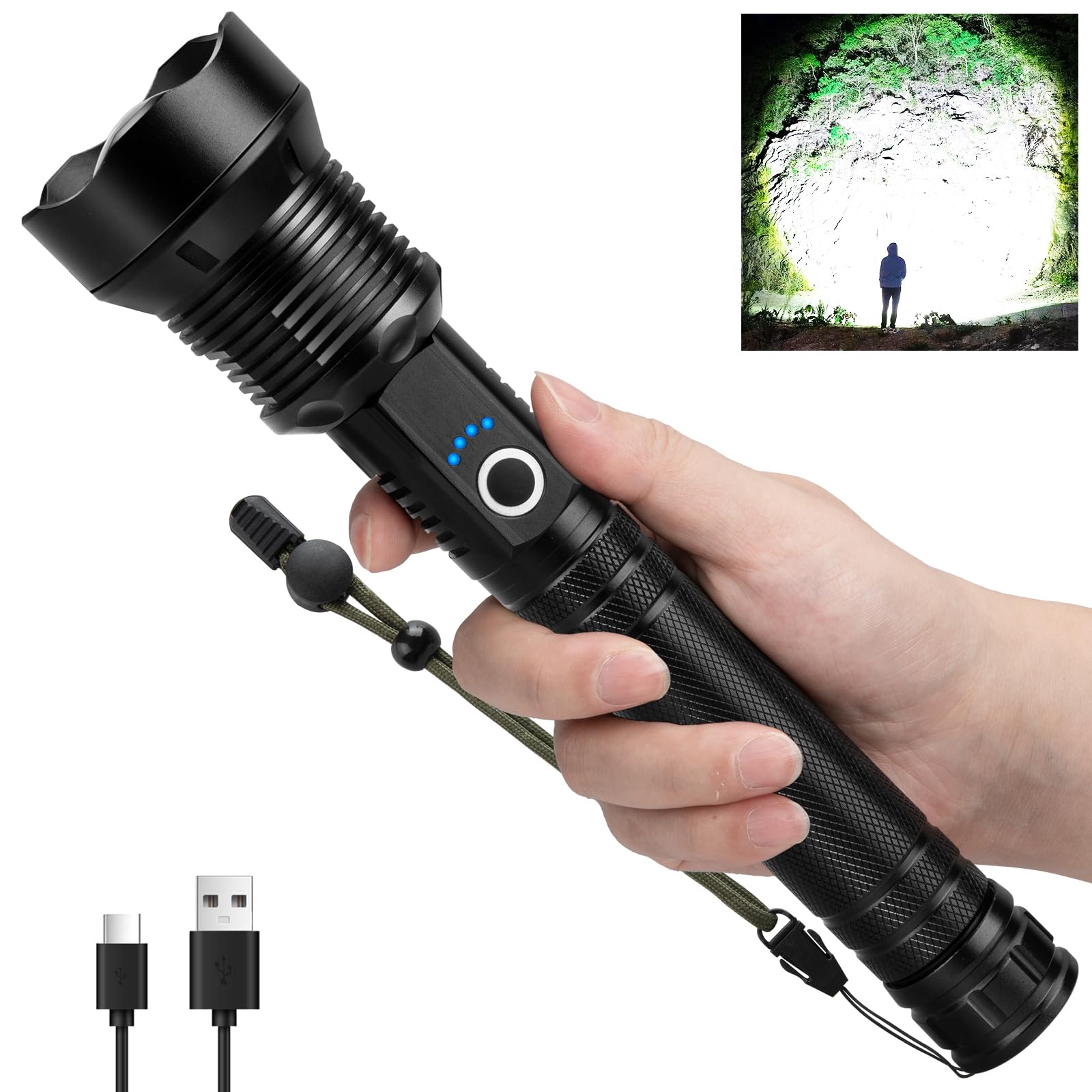Kmivo Torcia elettrica ricaricabile ad alta luminosità - Super Bright Flash Light con pannocchia, palmare Linterna per la casa