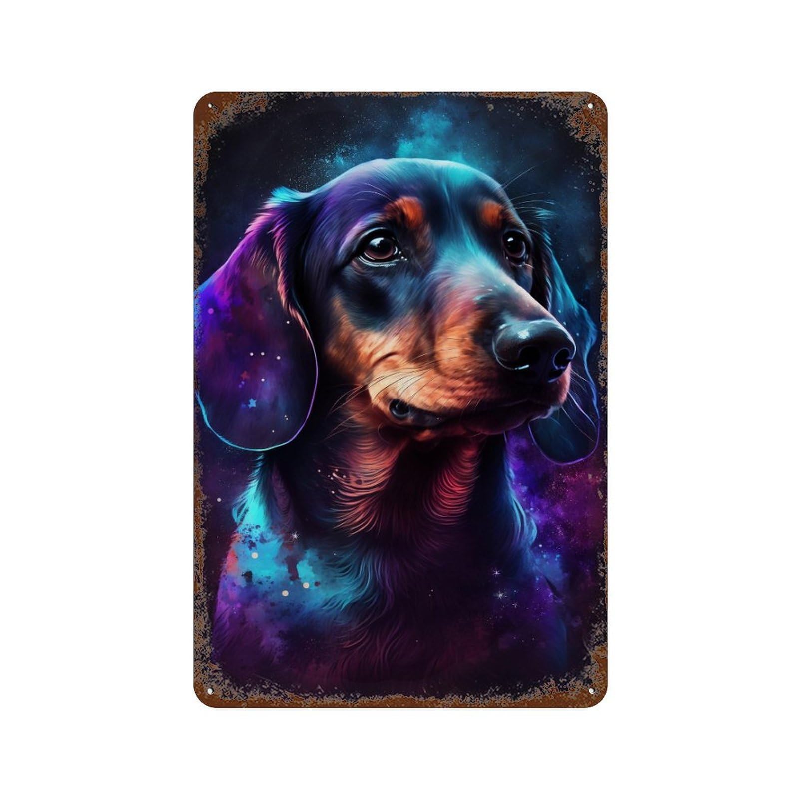 Distressed Metal Wall Sign with Galactic Dachshund Portrait -5 Design 11.8"x7.9", for Cafe, Home Bar And Lounge Decor, Retro Wall Decor
