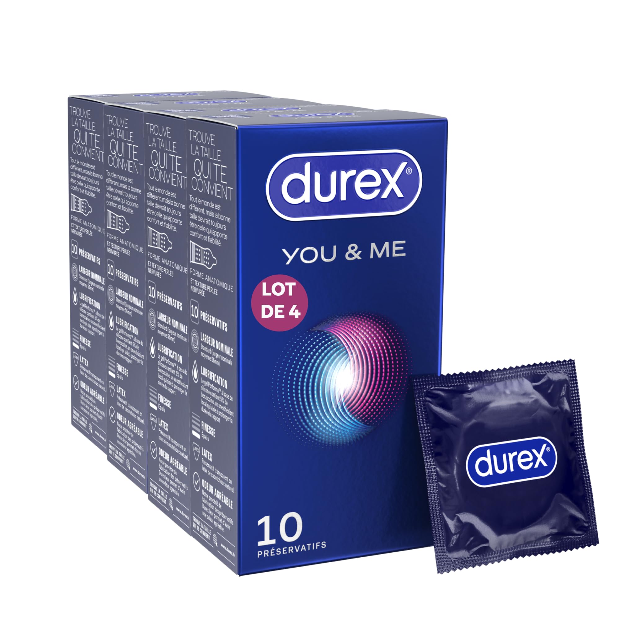 Durex YOU & ME - 40 Préservatifs - Retardant et Stimulant - Lot de 4 x 10 pièces