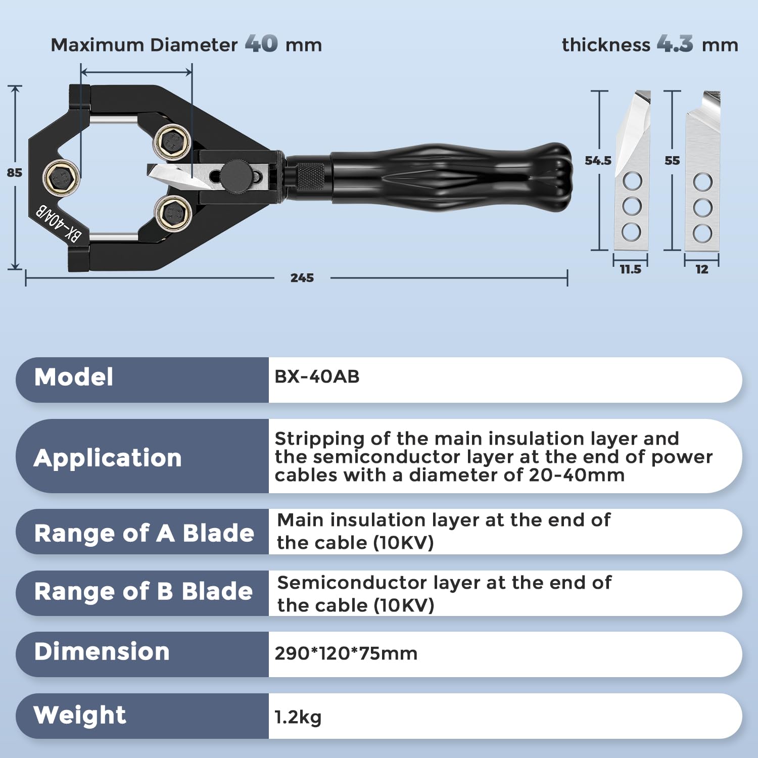 Bonvoisin Pinza Spelafili Multifunzionale per Cavi 10KV, per Strati di Isolamento&Semiconduttore, φ20-40mm, Taglio Rotante (Lame A + B)