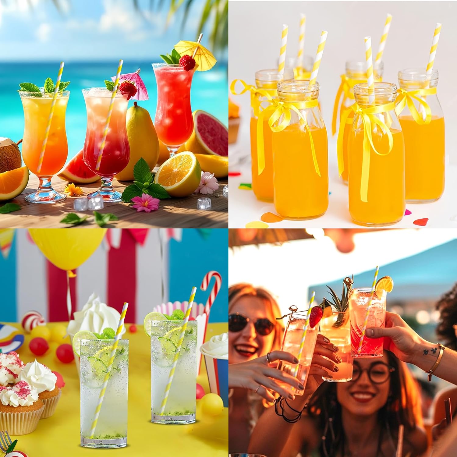 Eco-friendly Yellow White Striped Disposable Paper Drinking Straws 7.75'' x 0.24'' 100 Counts - for Cocktail, Party, Juice, Water, Milk - Image 7