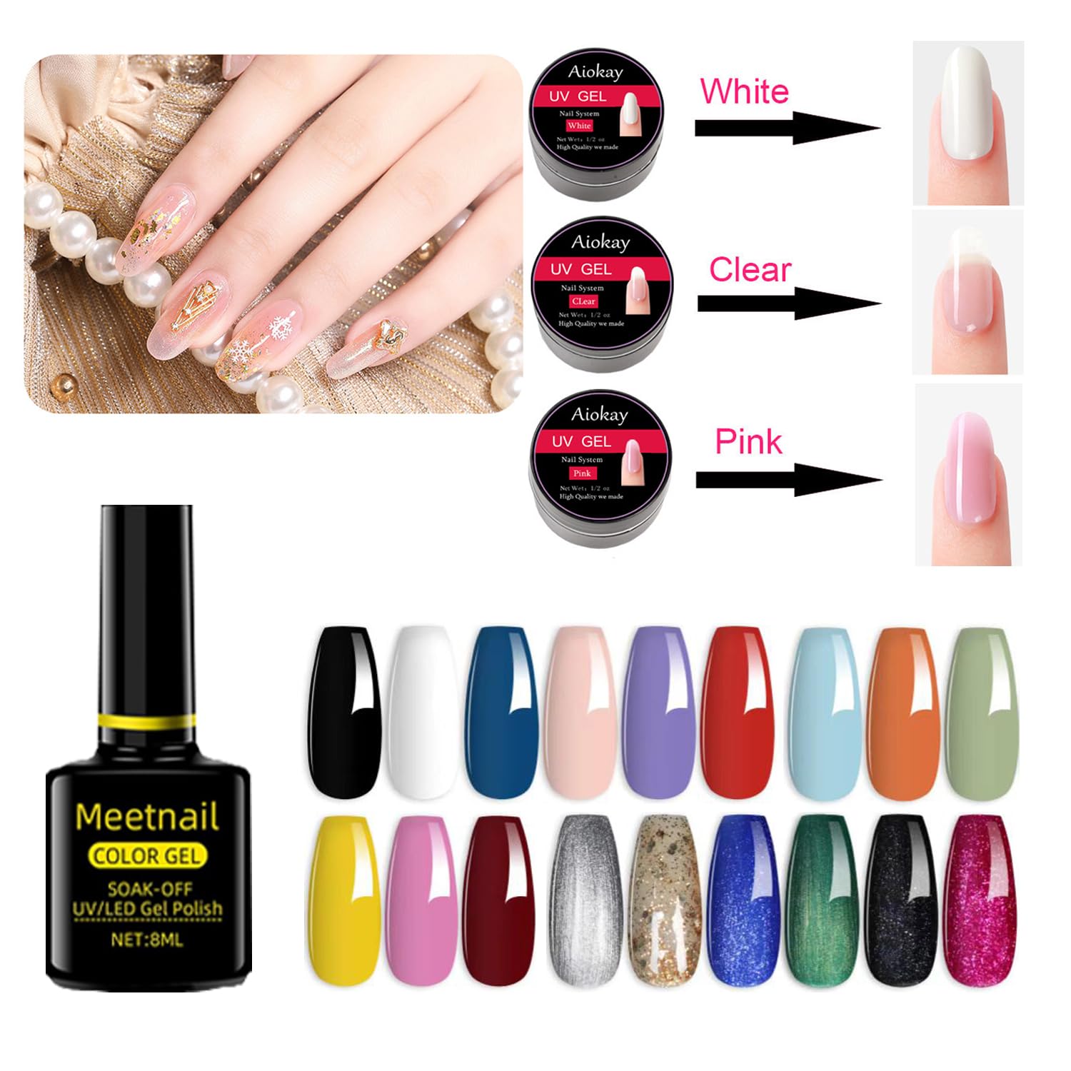 Complete Nail Studio Set with 48W UV LED Lamp, 22pcs nail polish with Base Coat and Top coat, 3 Colors Extension Poly Nail Gel set，Nail Drill & More,Professional Manicure Tool for Home DIY Salon