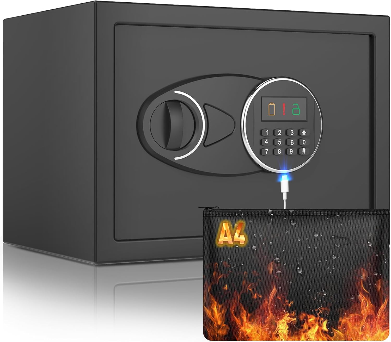 <0.77 cu.ft.> Fireproof Safe for Home Documents, Safe Box Fireproof Bag with Removable Shelf for Guns and Valuables, Steel Safe Lock Box for Office, Home, Hotel, 9.84"D x 13.78"W x 9.84"H 0.77cu.ft black-fireproof