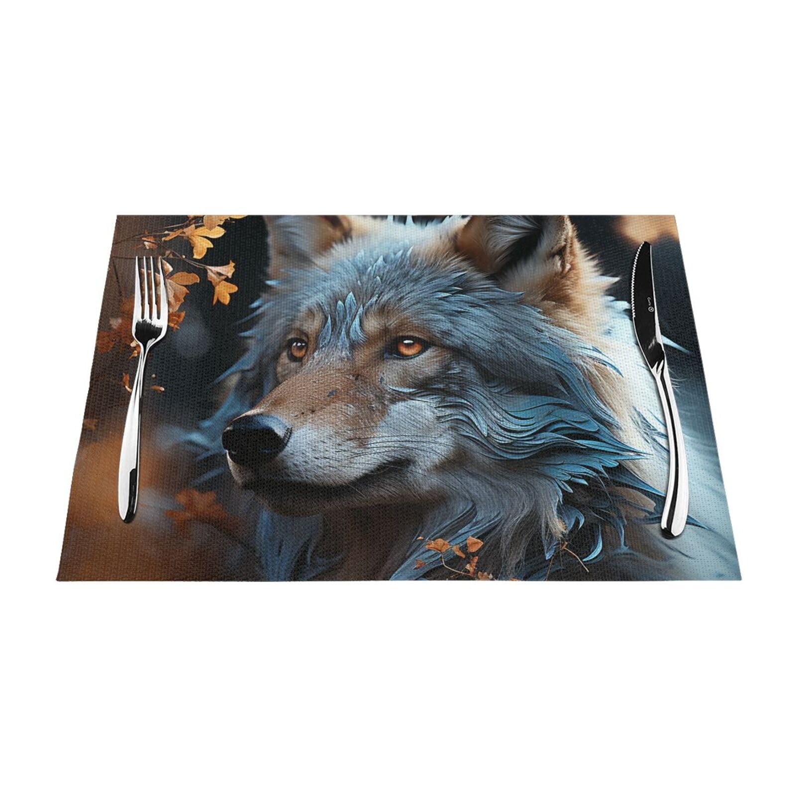 Placemats Set of 6 PCS Heat Resistant Non-Slip Place Mats for Dining Table Autumn leaves and a wolf Placemats Wipeable Washable PVC Weave Table Mats for Party Kitchen Dining Decor