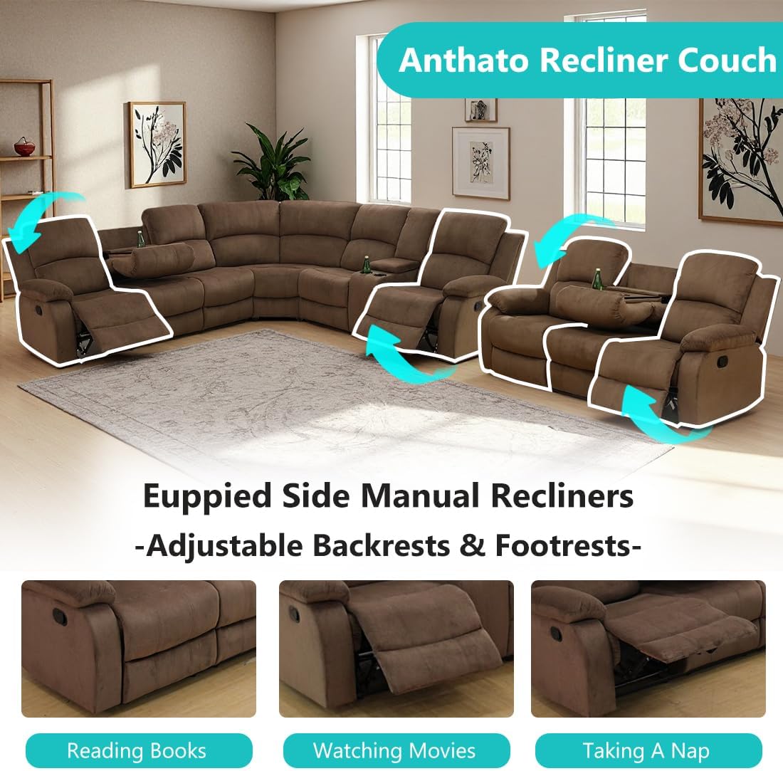Manual Reclining Sectional Sofa Set, Living Room Furniture Sets, L-Shaped Sectional Couch & Sofa, Comfy 9-Seat Corduroy Fabric Recliner Couch with Coffee Table/Cup Holders for Office, Brown