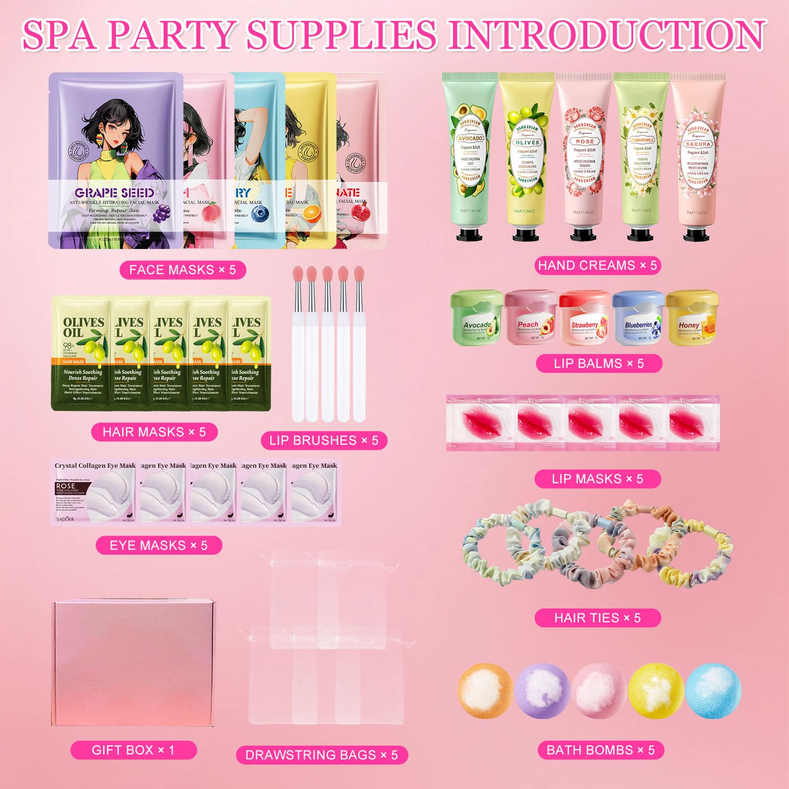 Set Spa Mujer 50 Piezas, Kit Skincare para Regalo Mujer y Niñas con Mascarillas Faciales, Parches Oculares, Crema Manos, Bálsamo Labial, Mascarilla Labios, Bombas Baño y Bolsas Regalo