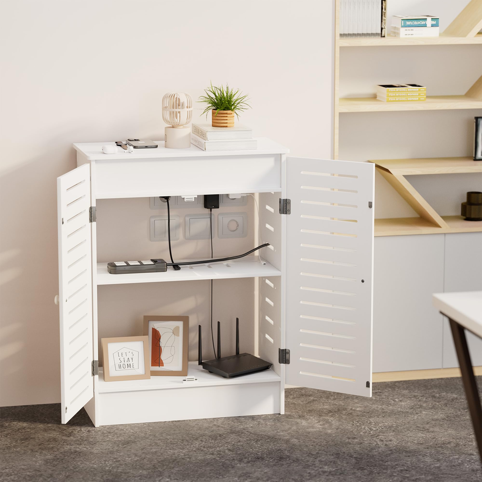bimiti Armoire de Rangement pour Routeur Wi-FI, Armoire pour Routeur Bois | pour Salon, Rangement Câbles Électroniques, Équipements Multimédias, Montage au Sol Blanc 70x25x50cm 2 Niveaux