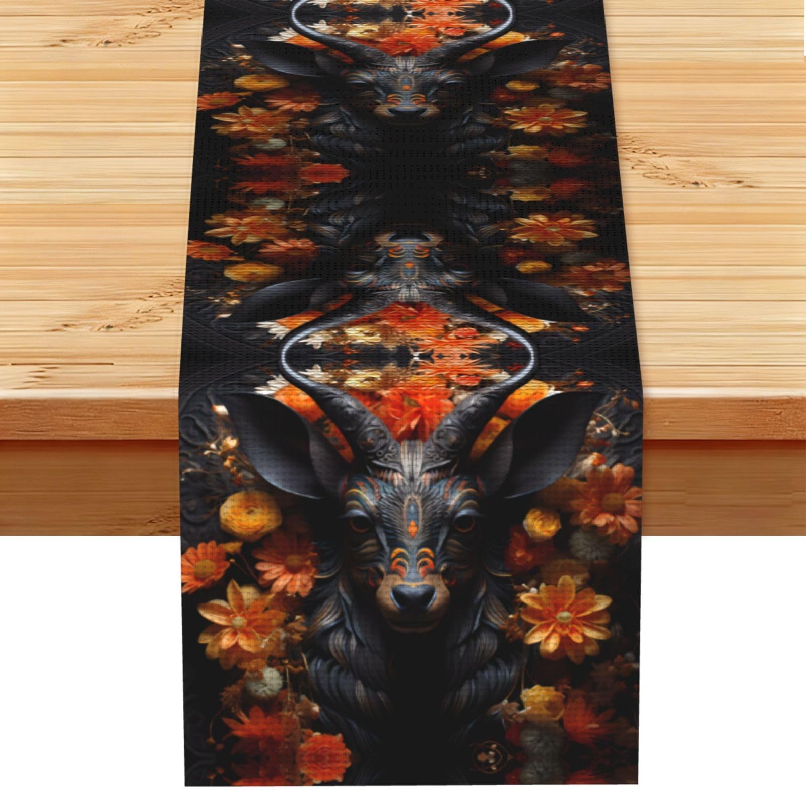 Black antelope with flowers Linen Feel Table Runner Wedding Party Home Decoration