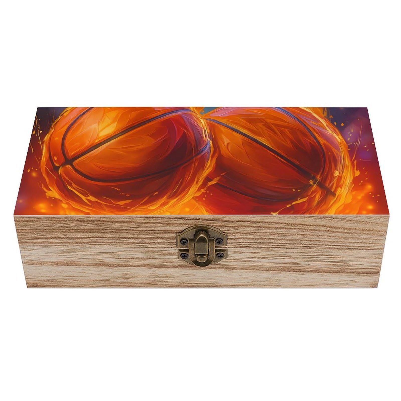 Oudrspo Flaming Basketballs Retro Wooden Storage Box Keepsake Jewelry Decorative Art Storages Box Gift Boxs