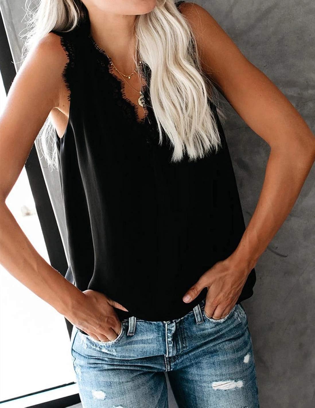 VIISHOW Women's V Neck Lace Trim Casual Tank Tops Sleeveless Floral Printed Chiffon Blouses Shirts at  Women’s Clothing store