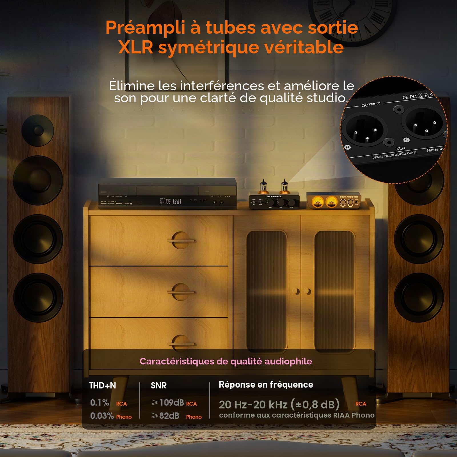 Douk Audio P7 Phono Preampli : ECC83 Tube Turntable Préamplificateur avec sortie XLR équilibrée, filtre passe-haut, contrôle des basses et des aigus, bypass pour tourne-disque MM, amplificateur