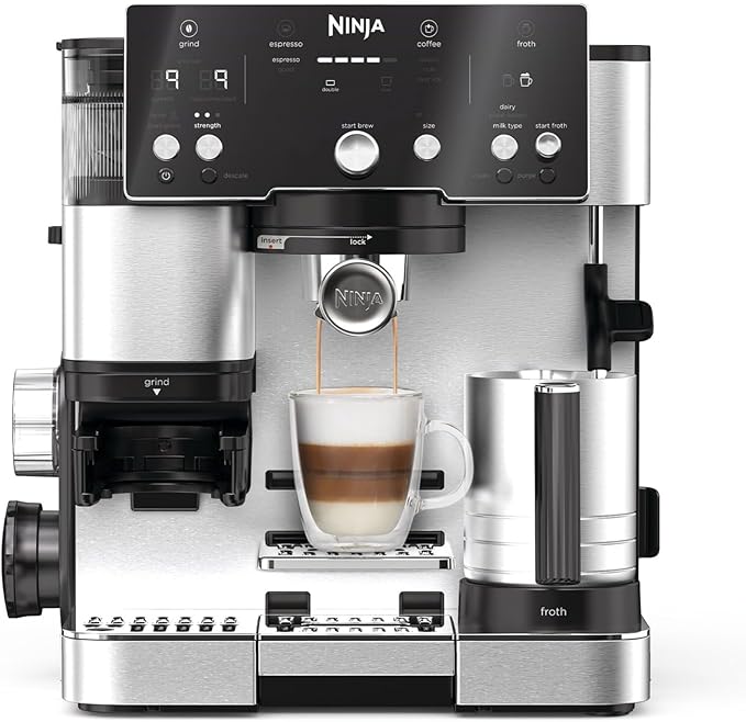 Ninja Machine à café Luxe Essential 2-en-1, Latte, Cappuccino et Espresso avec broyeur à grains et mousseur à lait intégrés, facile à utiliser, 2 préréglages mousse, argent, ES501EU