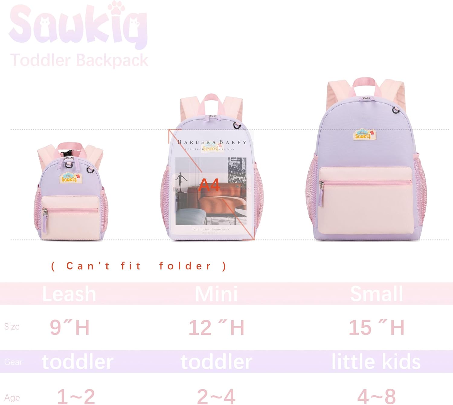 Girls Backpack for Kindergarten Childrens 15 inch Backpack for School Kids Bookbag for Girls 4-6 (Purple and Pink)