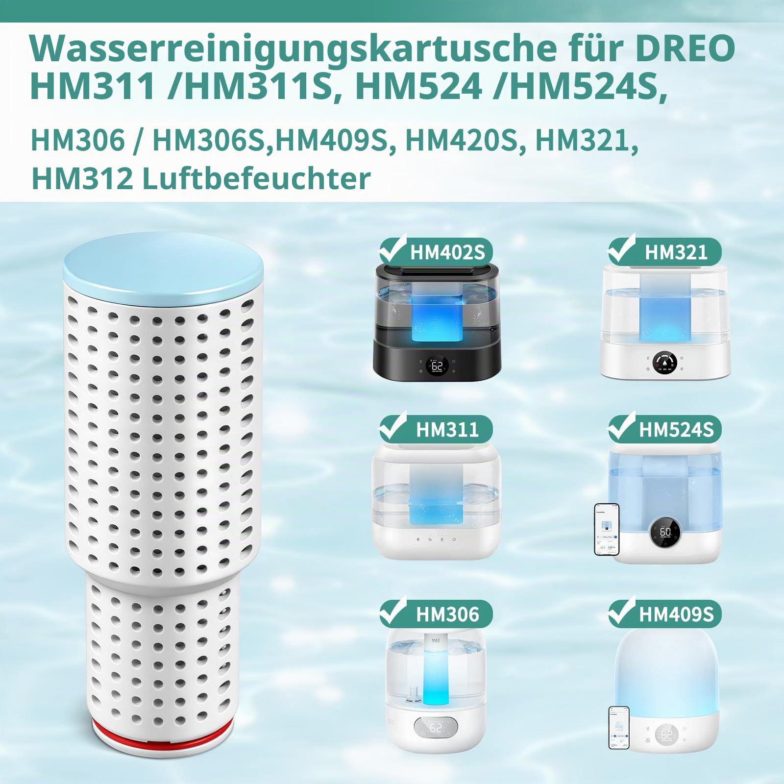 Wasserreinigungspatrone passend für DREO HM311 / HM311S, HM524 / HM524S, HM306 / HM306S, HM409S, HM420S, HM321, HM312 Luftbefeuchter-Ersatz, 150 Liter Clean Mist Demineralisierungskartusche