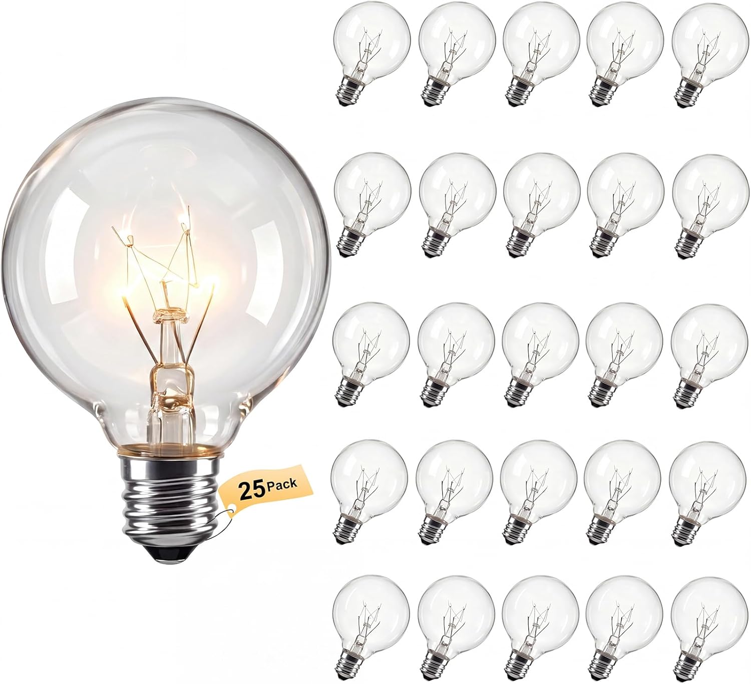 Oviejo G40 Replacement Incandescent Light Bulbs, 5 Watt 1.5 Inch Clear Globe Light Bulbs, Fits E12/C7 Candelabra Screw Base for Indoor Outdoor String Light Decor, Warm White,Pack of 25