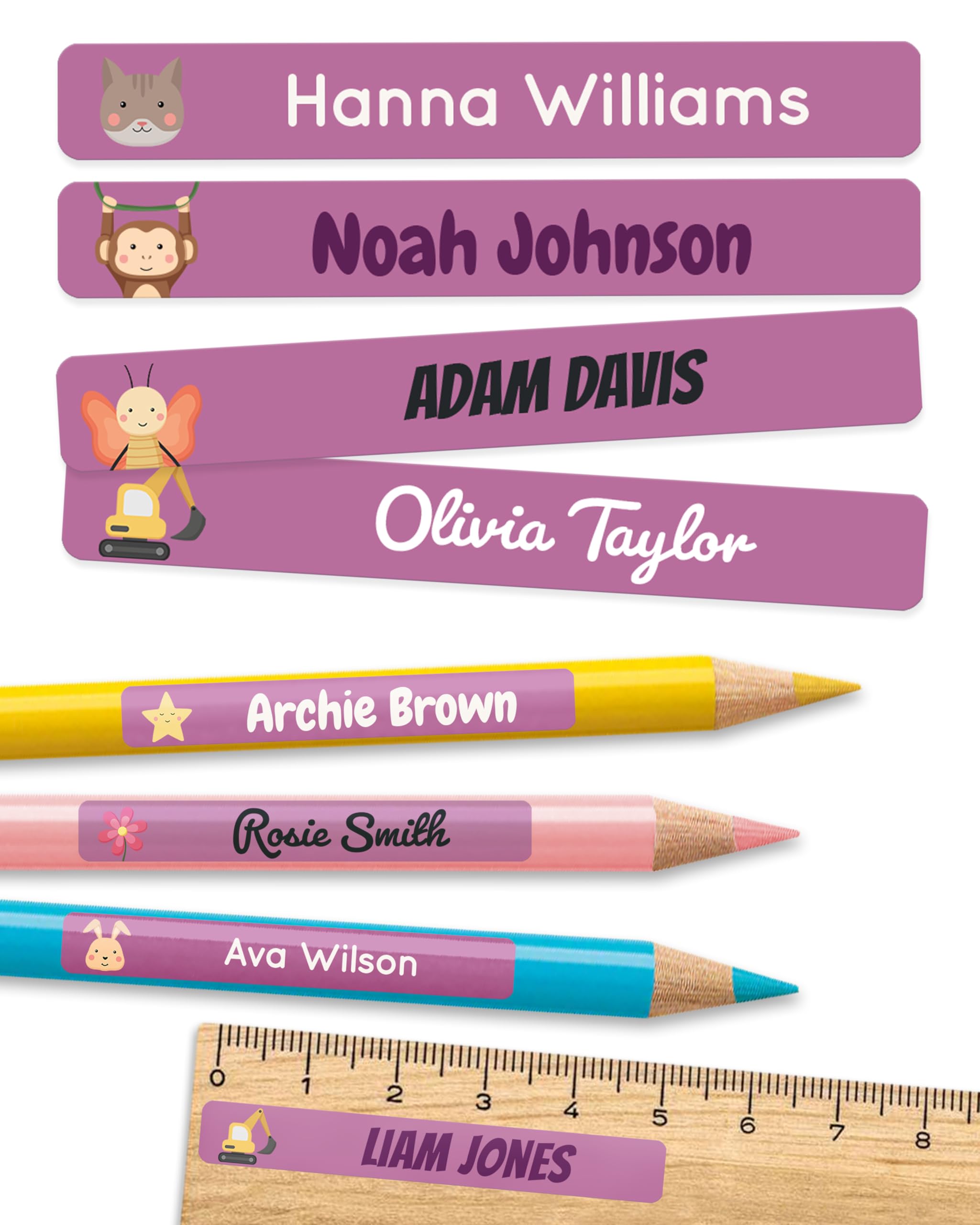 melu kids® Personalised Name Stickers for School & Kindergarten (225 Pieces) - Stick on Name Labels for Pencils and Other School Supplies - Washable in Dishwasher (Purple) — image 1