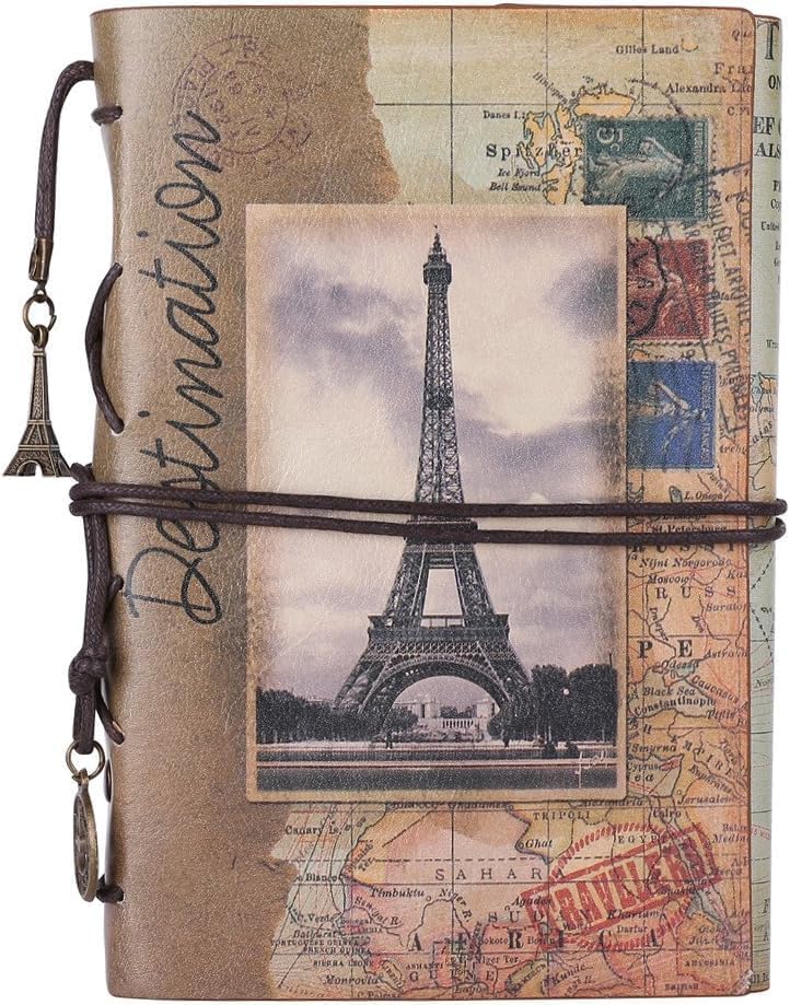 Image of Vintage Refillable Journal, Premium Leather Traveler Notebook Sketchbooks Classic Diary Planner with Blank Pages and Zipper Pocket (Leather Journal-Paris Tower)