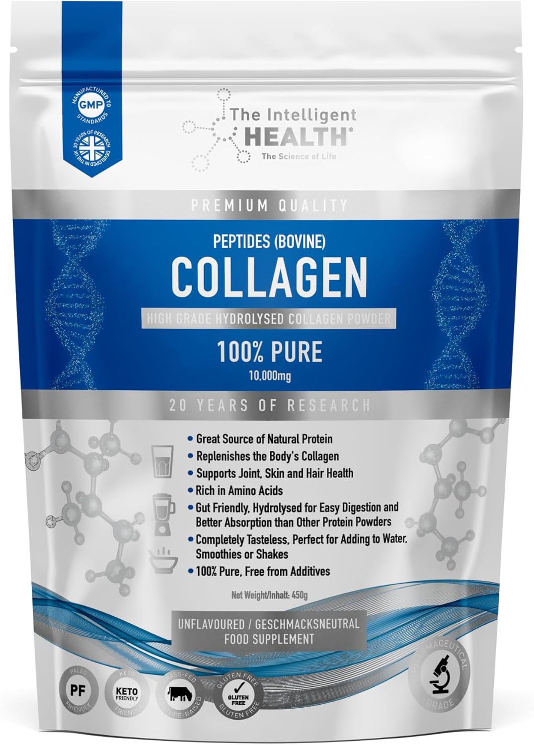 Collagen Powder 450g | Pure Hydrolysed Collagen Peptides Type I & III | 45 Servings, 10g Protein | Grass-Fed Bovine | for Women & Men | Unflavoured, Gluten Free, Keto & Paleo