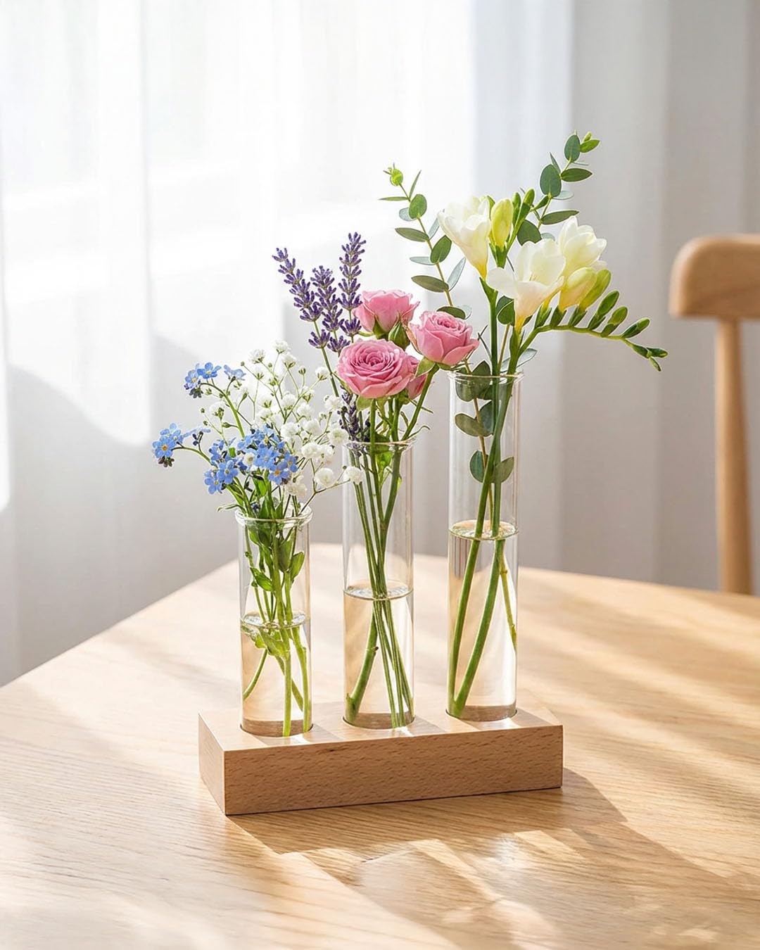 Labzio Home - Flower Vase with 3 Hand Blown Borosilicate Glass Test Tubes in a Small Rectangle Wooden Block Stand-image-27