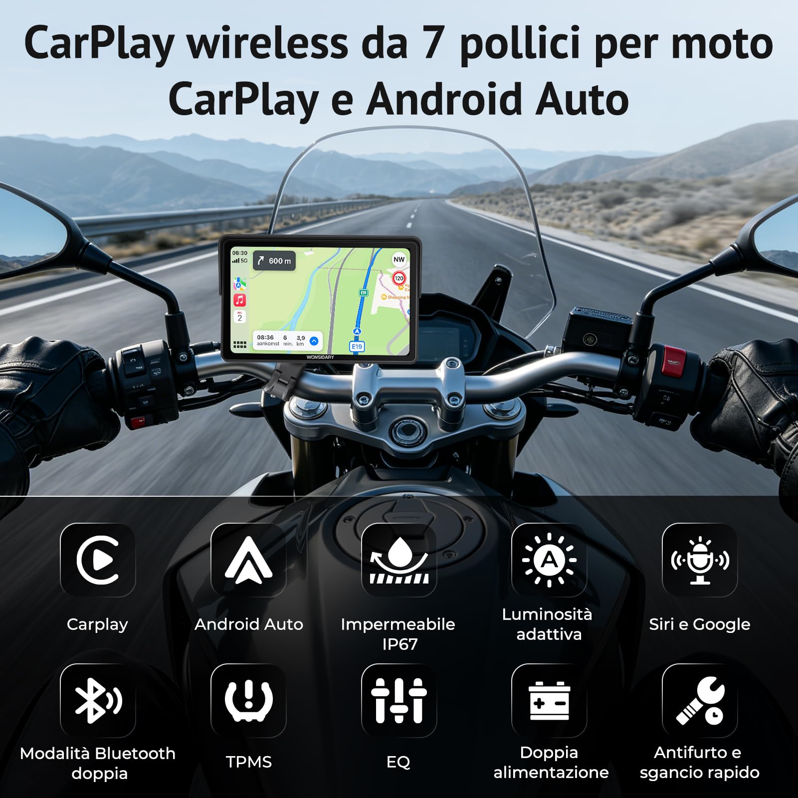 W722TPMS Schermo CarPlay Moto 7" Wireless con Android Auto Moto,TPMS,Display GPS Moto Impermeabile IP67,Audio Bluetooth Doppio,Controllo Vocale,EQ,Sensore di Luce,Alimentazione USB/ACC