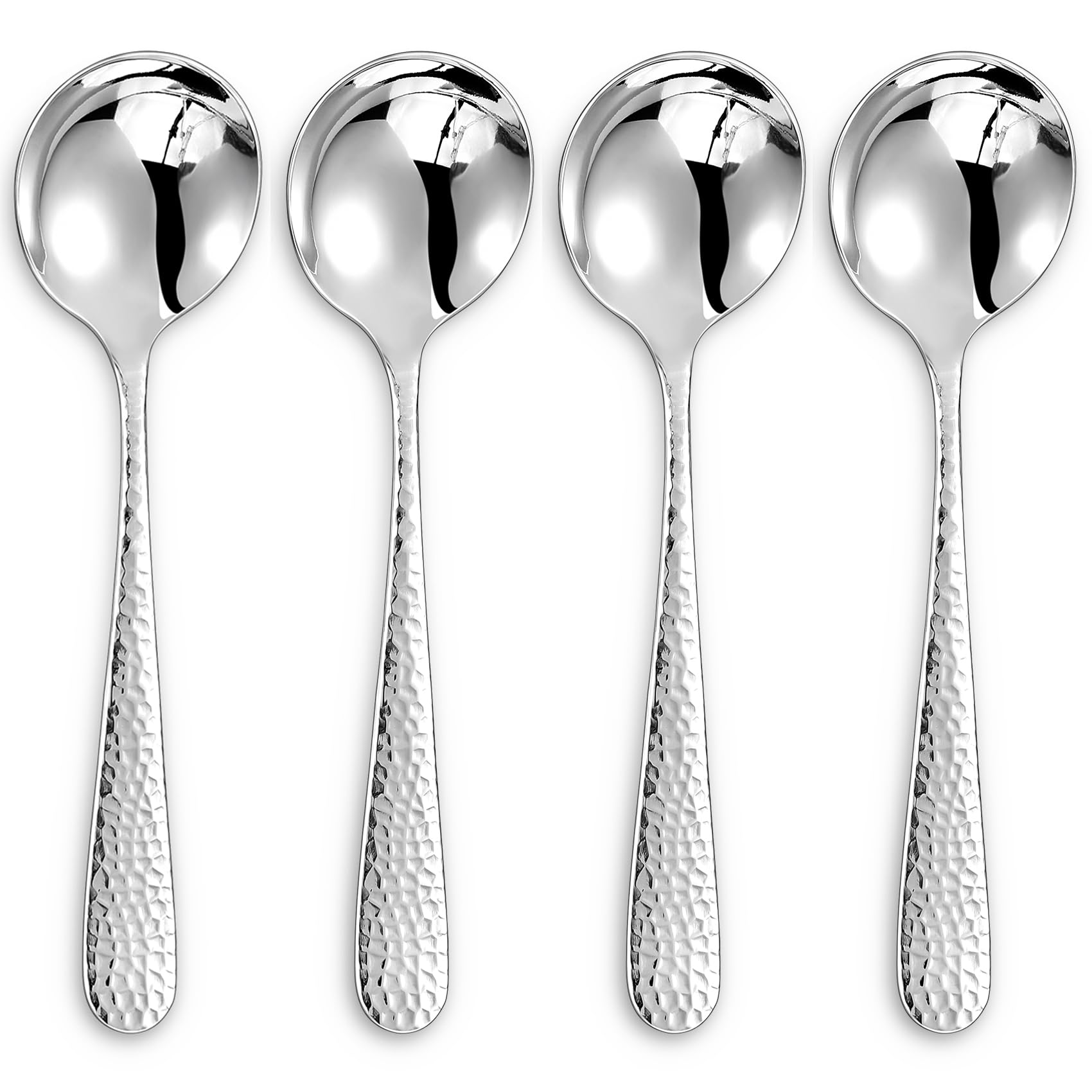 Premium 4-Piece Louise Hammered Spoons Set, 18/10 Stainless Steel, Set of 4, Fine Spoon Set with Round Edge, Dishwasher Safe (7" Soup Spoons)