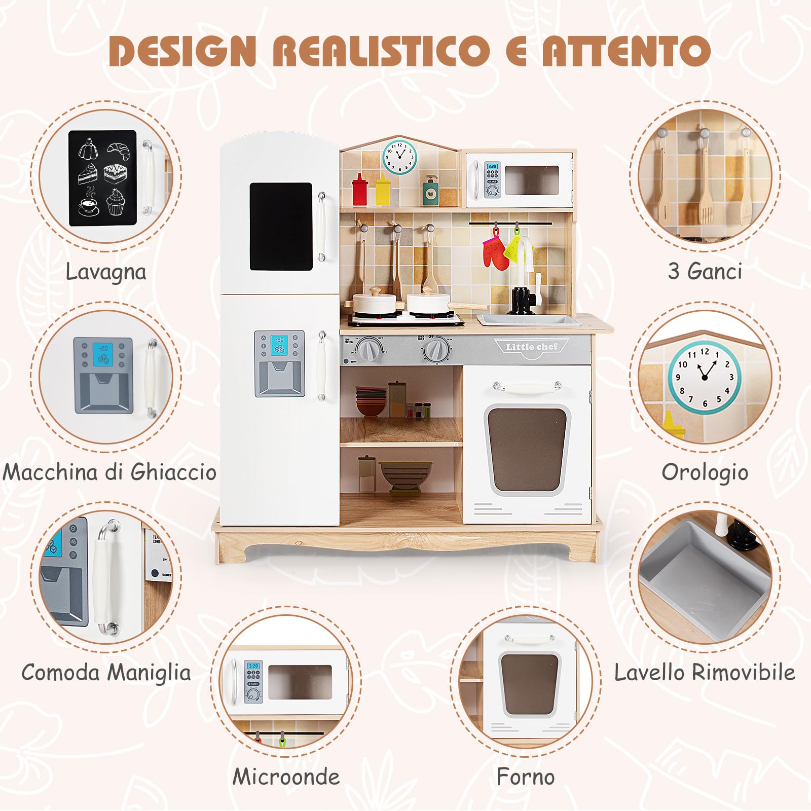 RELAX4LIFE Cucina Giocattolo in Legno per Bambini, Mini Cucina con Utensili da Cucina, Suoni e Luci Realistici, Giocattolo Educativo per Bambini 3+ Anni