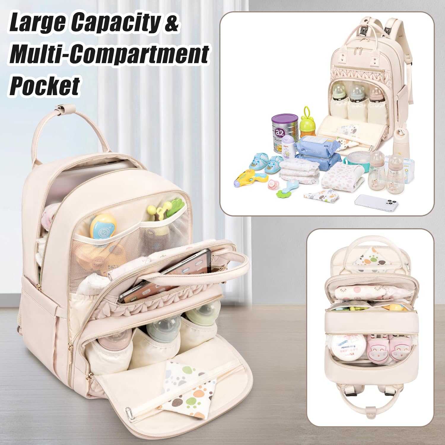 Diaper Bag Backpack,Stylish Baby Diaper Bag,Waterproof Travel Diaper Backpacks Baby Bags with Changing Pad,Stroller Straps,Insulated Pockets (Beige) - Image 6