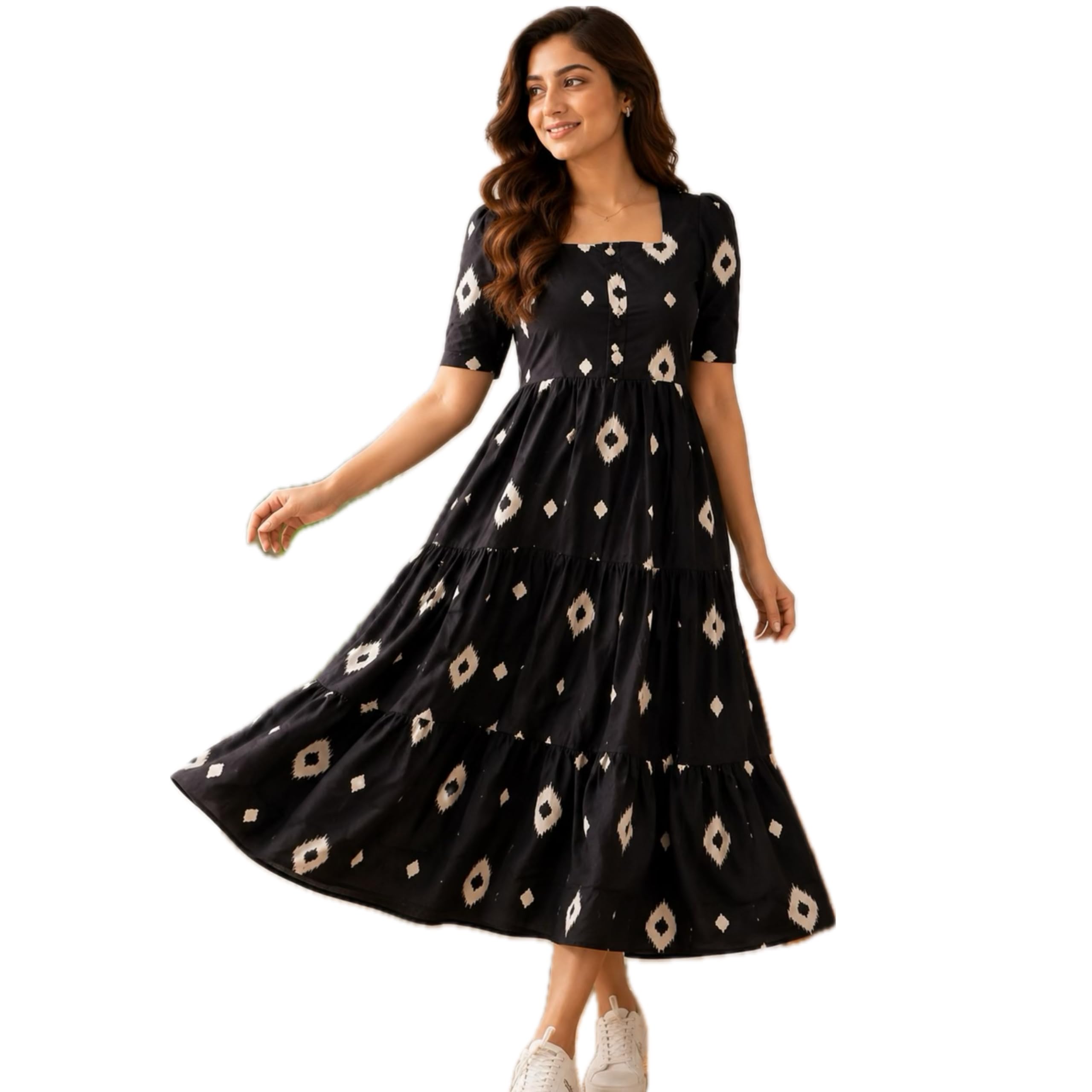 Women's Black Ikat Print Tiered Midi Dress with Square Neck-picture-36