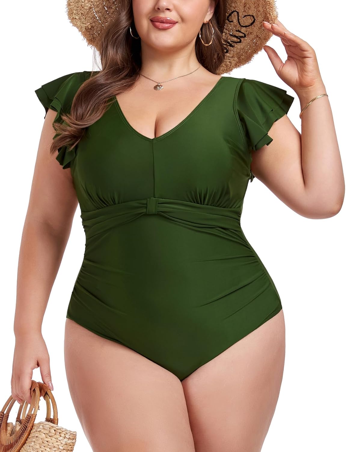 ZOMVA Plus Size Womens Swimsuit One Piece Tummy Control Bathing Suit Ruffle Sleeve Full Coverage Swimwear
