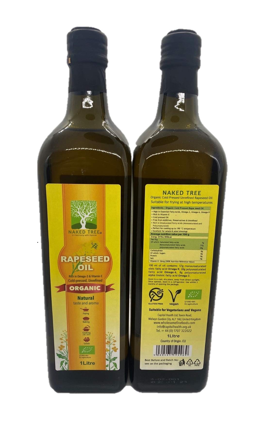 Virgin Organic Rapeseed Oil Cold Pressed Unrefined 1 LitreEU Organic