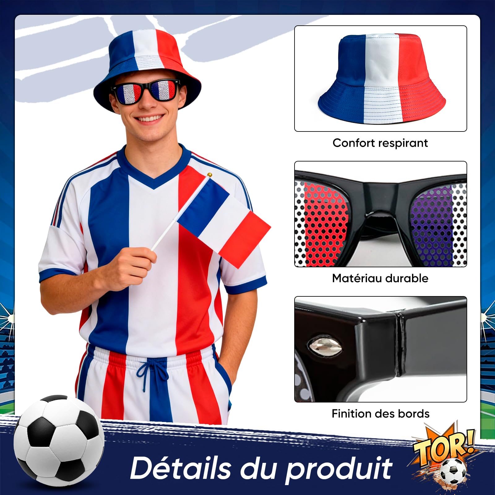 Kit Supporter France pour Grand Événement Football - Accessoires Football 6 Pièces incluant Chapeau de pêcheur Polyester, Lunettes Drapeau, 3 Pavillons à Main et Bracelet Tricolore pour Fan de Foot