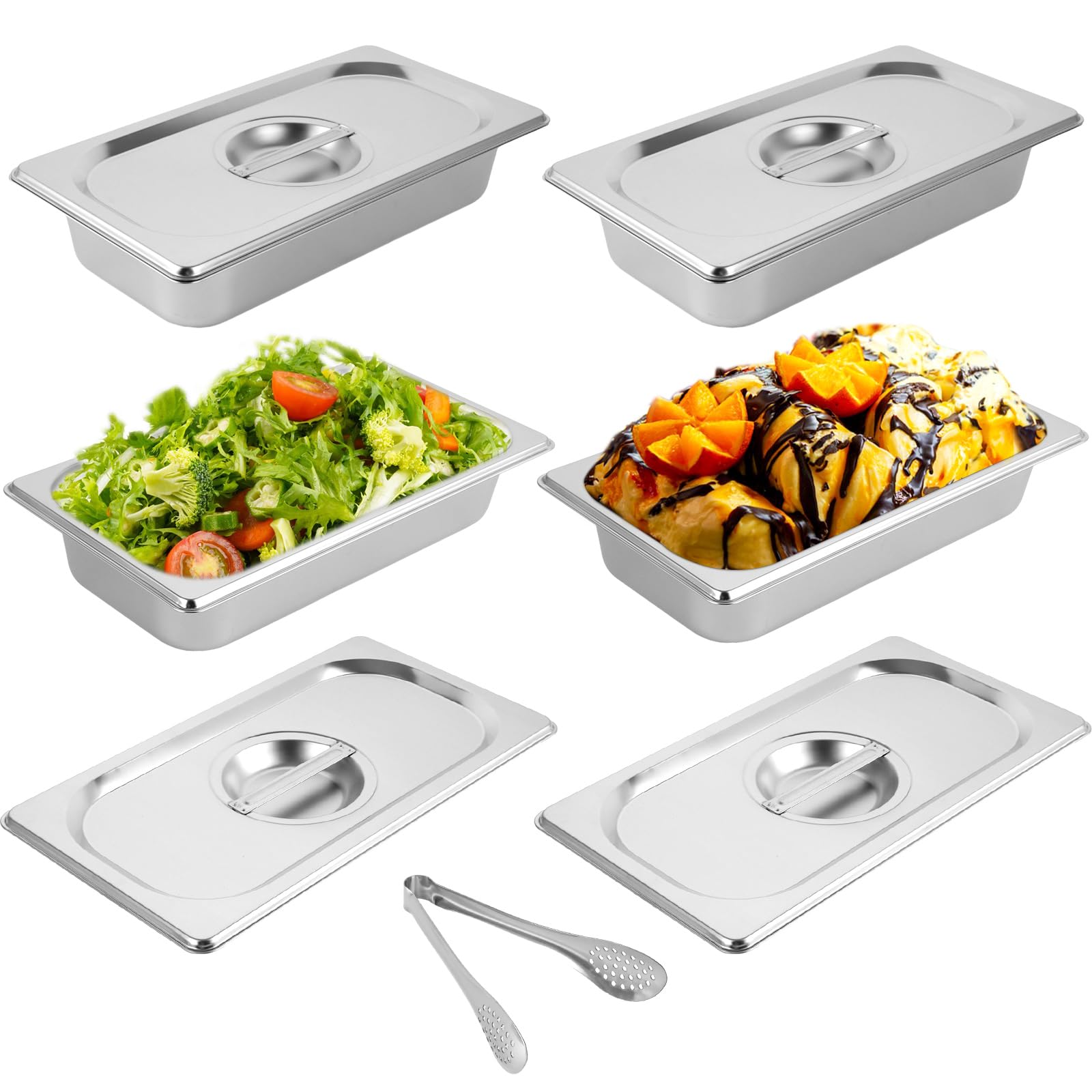 VIDETOL 4-teiliges GN-Behälter-Set 32,5x17,5x6,5 Cm – Edelstahl Panierschalen Mit Deckel & Clip, Stapelbar, Für Schnitzel, Fleisch, Fisch & Saladette