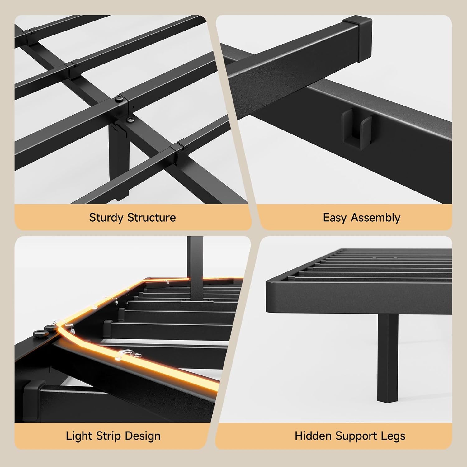 Four panels showing sturdy structure, easy assembly, light strip design, and hidden support legs
