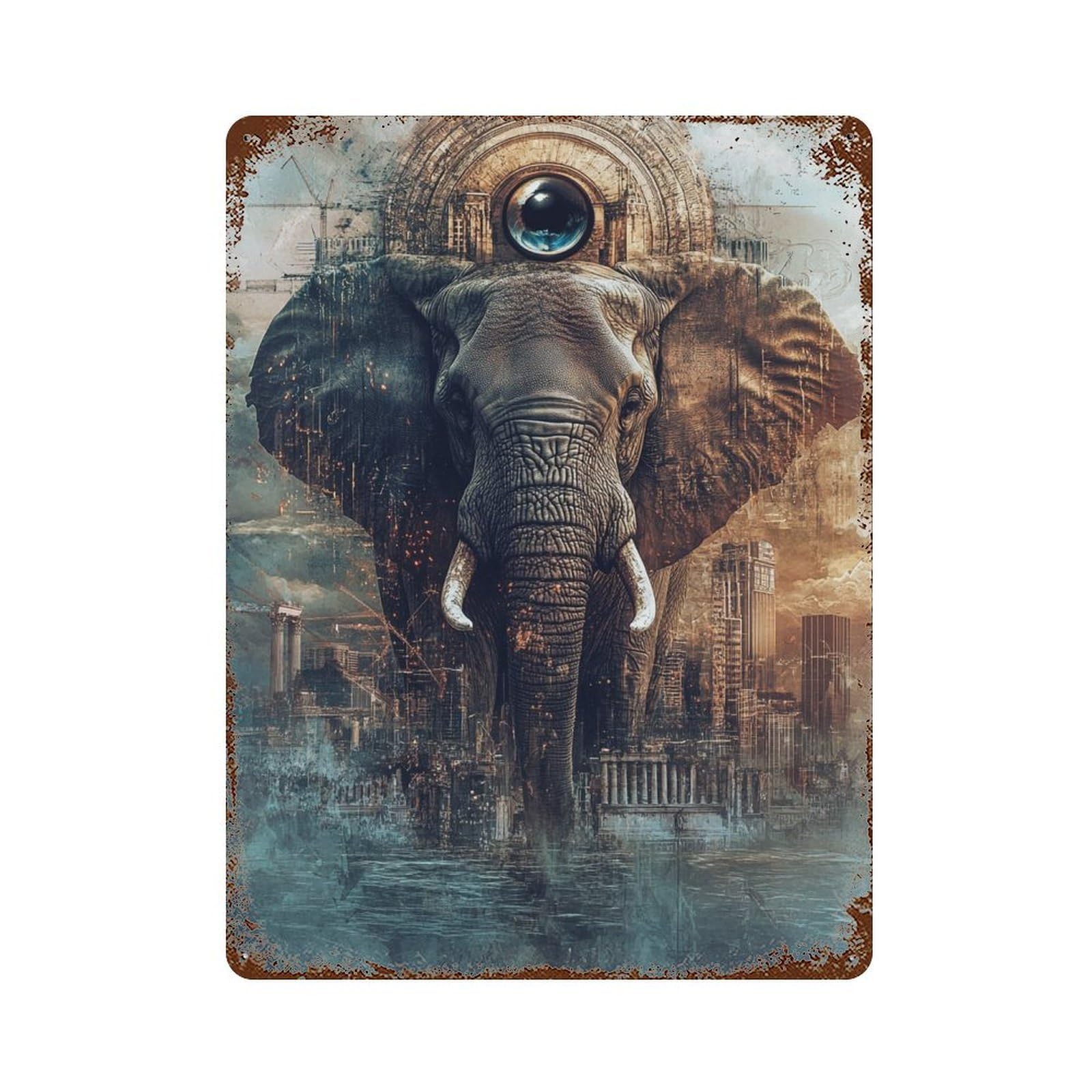 Urban Elephant Majesty 15.7"x11.8" Distressed Metal Wall Sign, Retro Wall Decor for Garage, Bar And Workshop Decor