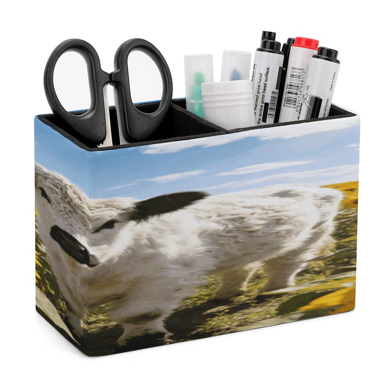 LZQPOEAS Western Highland Cow Sunflowers Pen Holder Double Compartments Pen Cup Makeup Brush Holders Leather Pencil Holder Locker Organizer for Work Locker Accessories Modern Pencil Cup for Desk