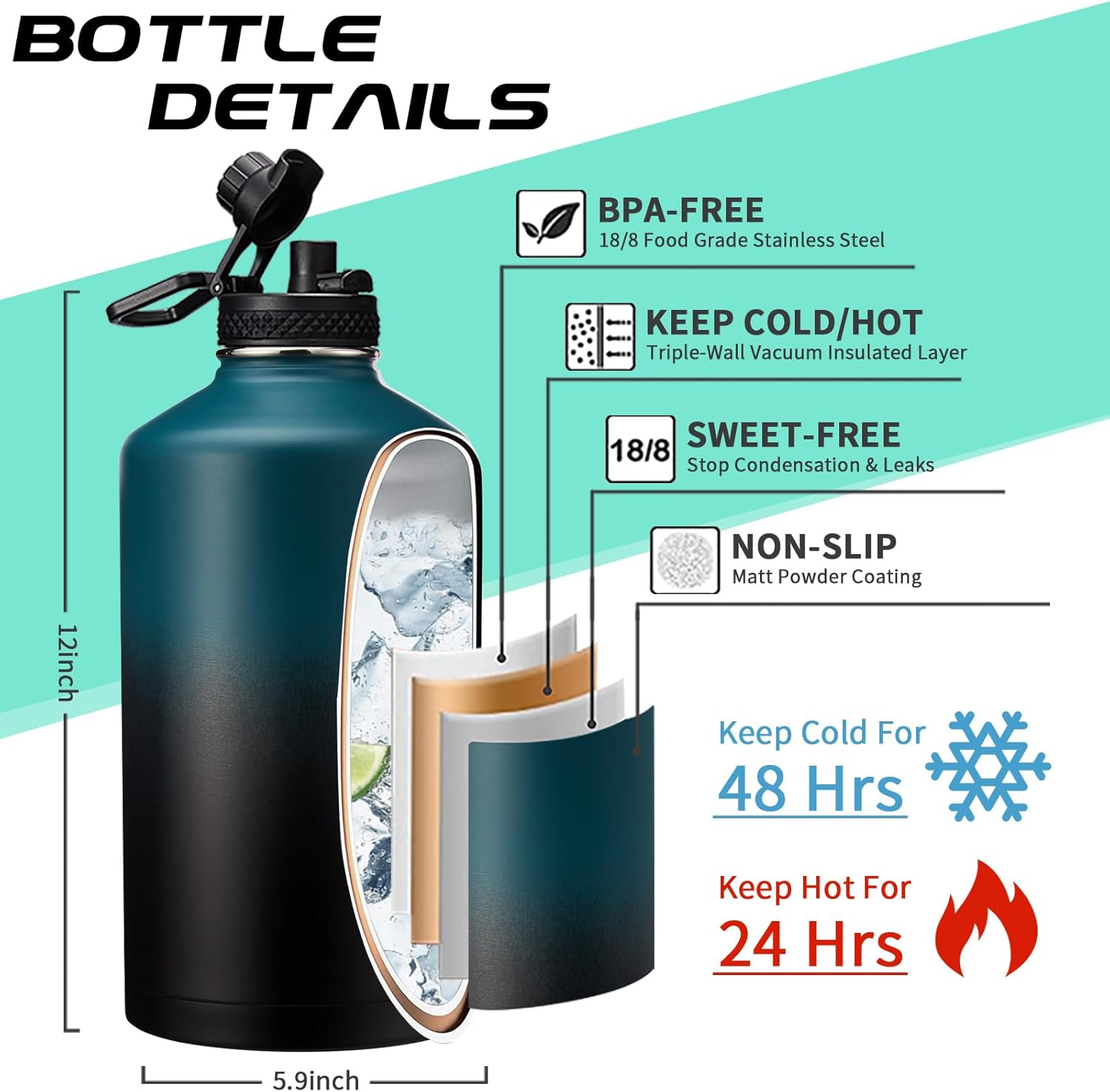 1 Gallon Water Bottle Stainless Steel - 128oz Insulated Flask Water Bottle with Sleeve Strap, Big Water Jug with Straw & Spout Lid, Gym Camping Gallon Water Bottle w/Paracord Handle, protective Boot - Image 4
