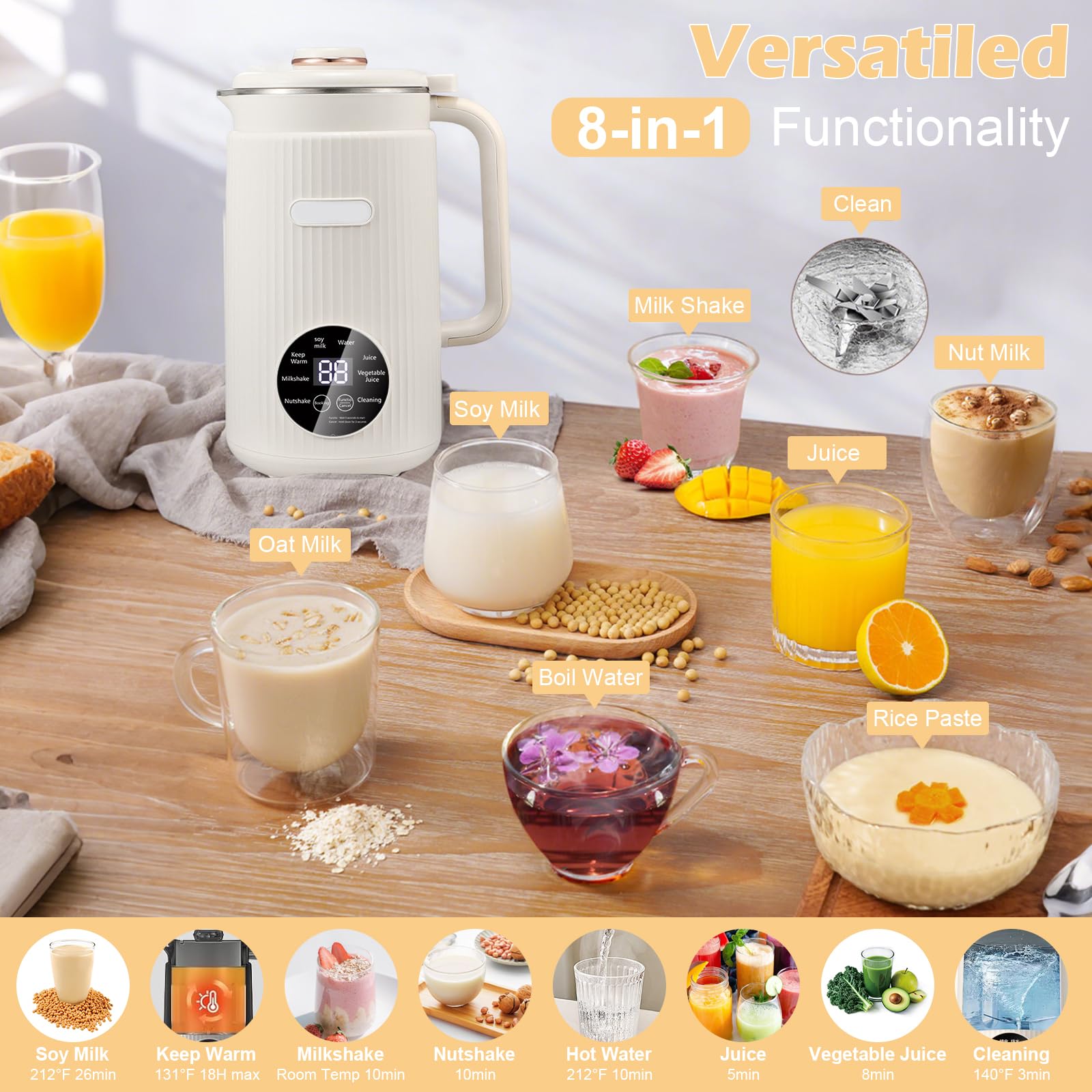 Macchina per latte di noci 8 in 1 di jackfru, latte vegetale 1.2L con autopulente, mantenimento in caldo e timer, per latte di mandorle, avena e soia