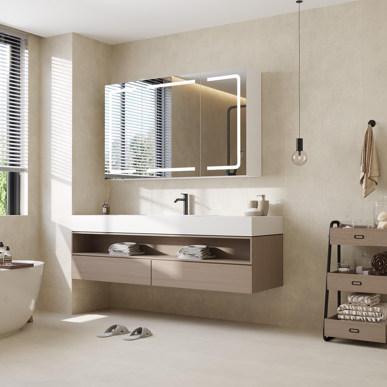 DICTAC Specchio Bagno Contenitore con Luce e Presa Elettrica Mobile Bagno da parete con 3 Ante Specchio e 3 Ripiano Regolabile, Armadietto Specchio Bagno con illuminazione,100 x 60 x 16cm,Bianco
