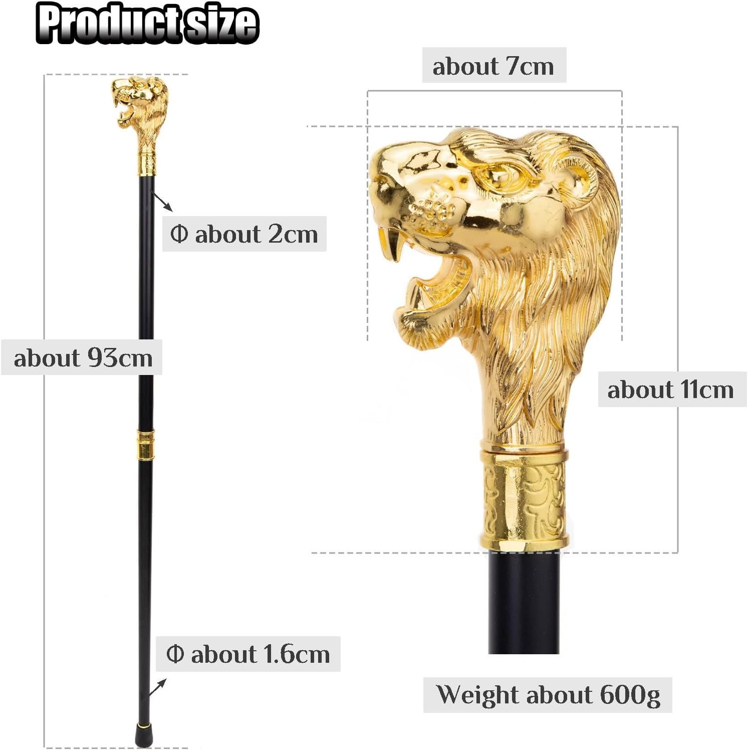 36.61 Inces Golden Lion Head Handle Walking Stick, Collapsible Travel Canes Foldable Cane Gift for Men's and Women's