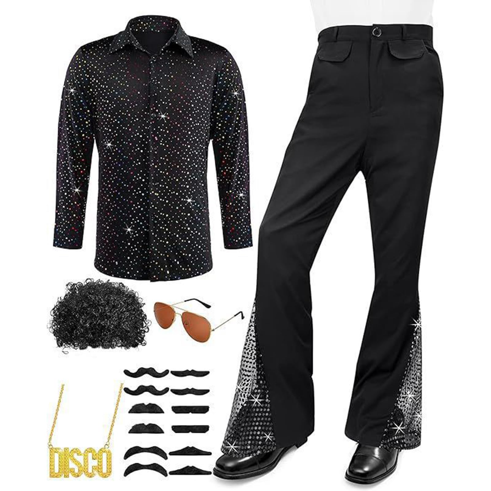 Generisch 6 Stück 70er Jahre Disco Outfit Herren Karneval Kostüm Retro 80er Jahre Glockenunterteil Hosen Hemden Perücken Halskette Schnurrbart Sonnenbrille Faschingskostüme