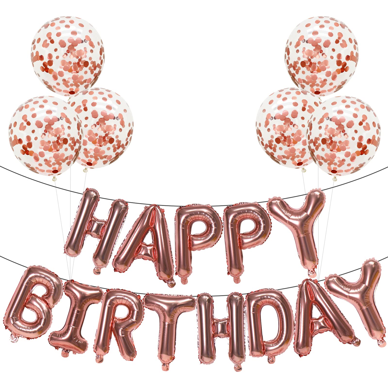 GRESAHOM Rose Gold Happy Birthday Balloons Banner, Self Inflating 16 inch Letters Foil Banner Balloon with 6pc Confetti Balloons, for Girls Boys 1st 18th 21st 30th Any Ages Birthday Party Decorations