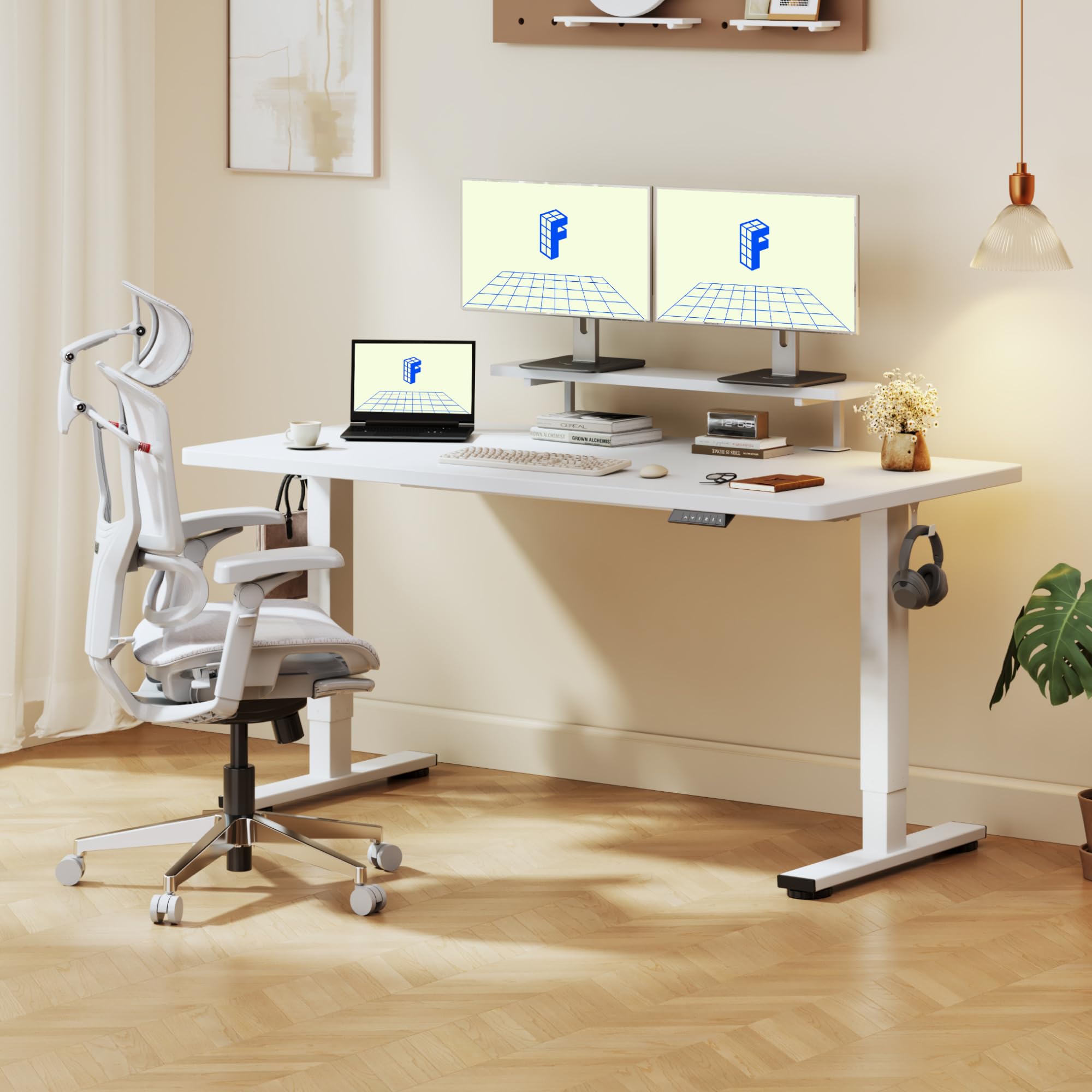 FLEXISPOT Escritorio Elevable Eléctrico 160x60 cm con Soporte para Monitor y Almacenamiento, Carga 100 kg, Regulable en Altura con Memoria, Estante y Cajones, Fácil Montaje, Blanco