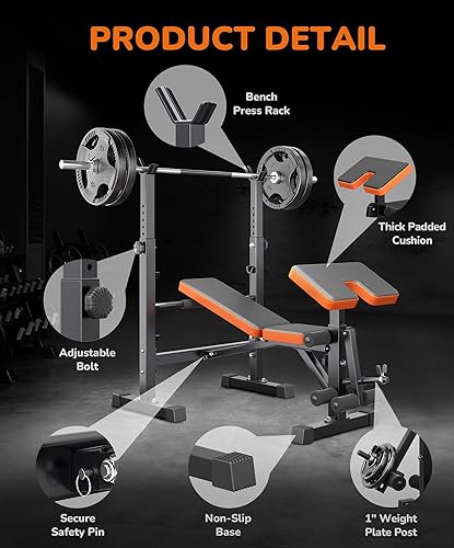 Miniatura 3 de Juego de banco de pesas multifunción 6 en 1, prensa de piernas, estante de rizos de predicador, banco de entrenamiento ajustable y estante para