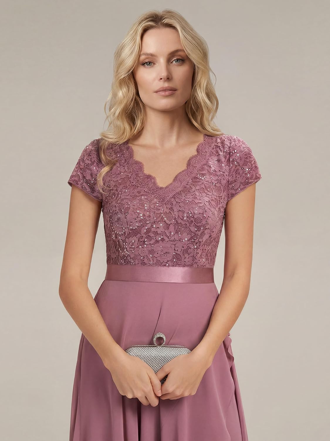 Ever-Pretty Women's V-Neck Cap Sleeve Formal Dress Sequin Lace Chiffon High-Low Mother of the Bride Cocktail Dresses 02644