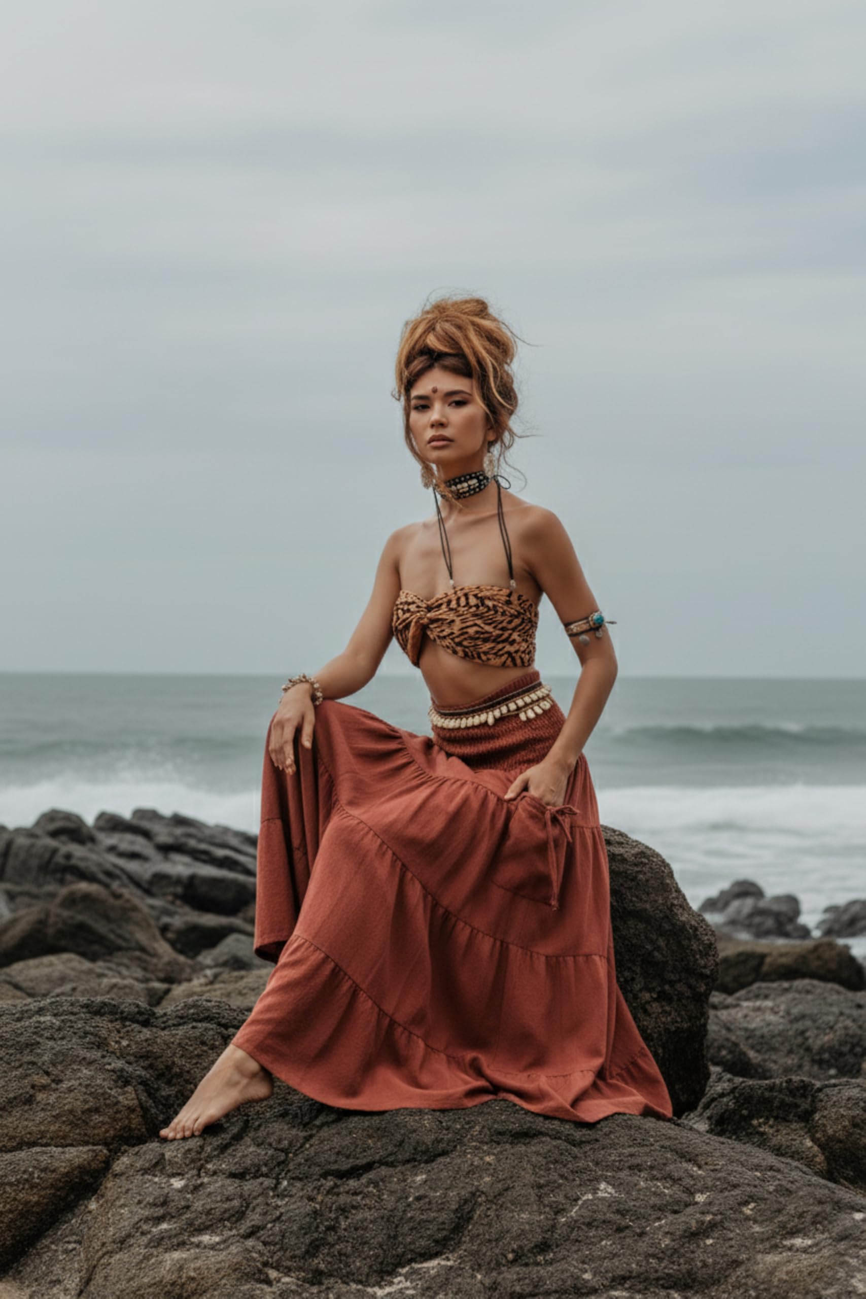 Thaluta Maxi-Boho-Rock, lange Taschen, Baumwolle, Hippie, Bohemian-Stil, elastische Taille, Zigeuner-Rock