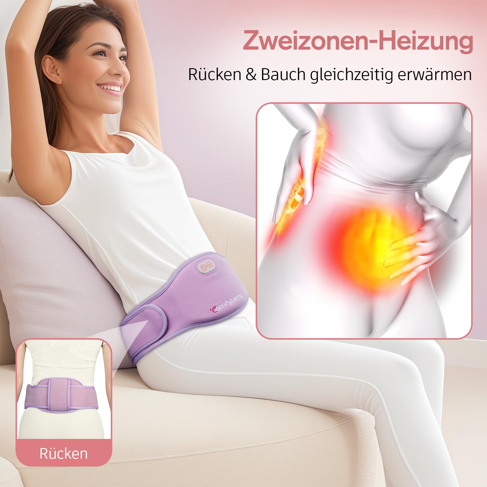 Comfytemp Große Wärmegürtel Periode mit 5000mAh Akku für Perioden Bauch und Rücken, 16x150cm Kabellos Heizgürtel Menstruations Bauchwärmer Rückenwärmer mit USB Geschenke für Mütter, Frauen, Mama