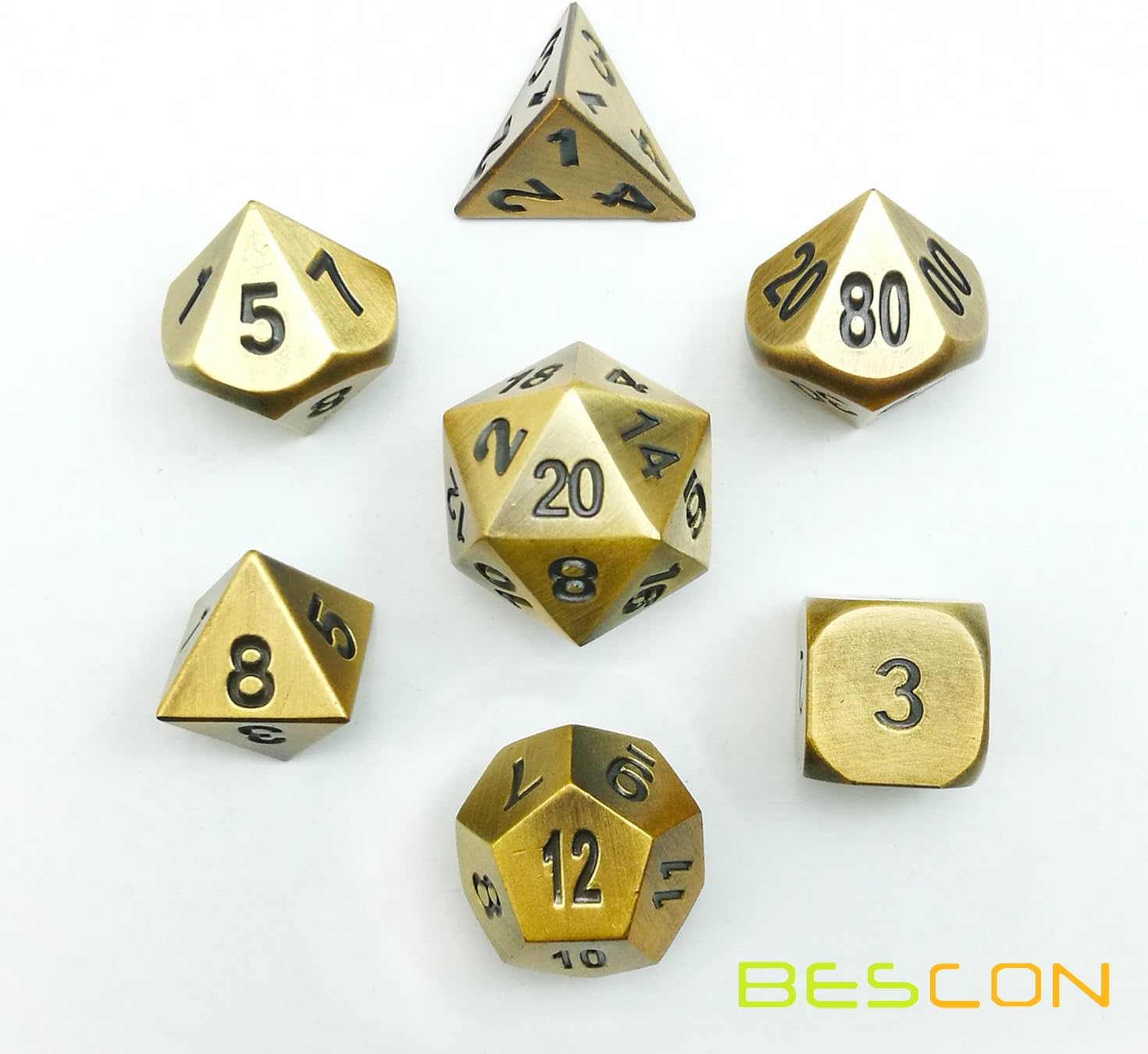 Bescon Brass Solid Metal Polyhedral D&D Dice Set of 7 Copper Metal RPG Role Playing Game Dice 7pcs Set