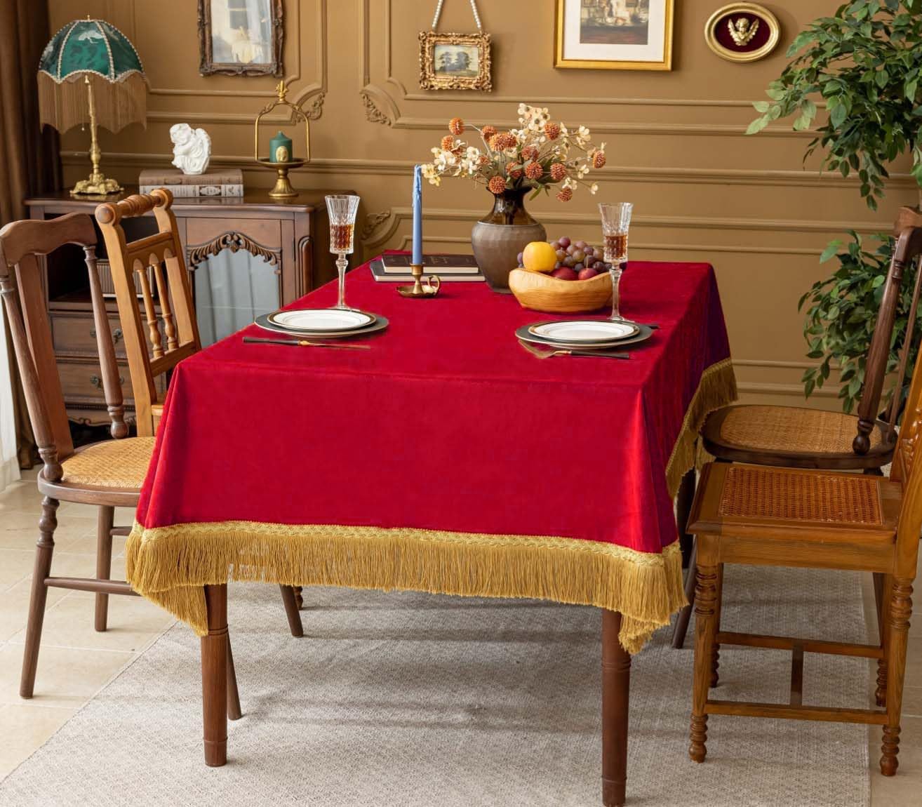 F-CHU Red Tablecloth Thickset Velvet Tablecloth with Beautiful Gold Tassels Vintage Table Cloth for Home Decor Wedding, Party, Banquet and Events 60x86-Inch